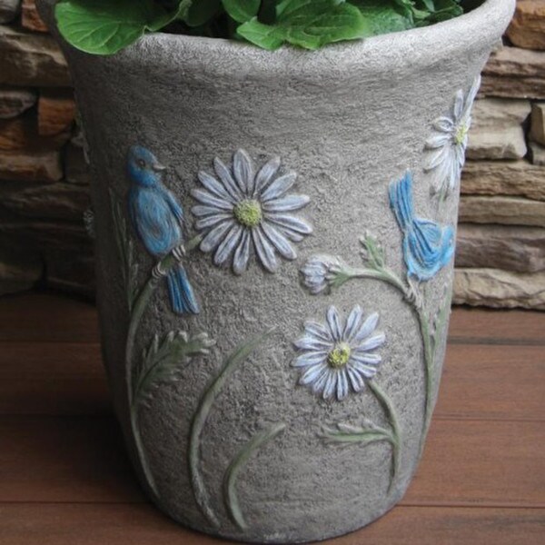 Bluebird Vase Planter Cement Made in America high relief Daises Urn